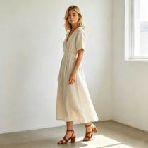 Linen A-Line Maxi Dress | Elegant V-Neck Linen Dress | KOSSR