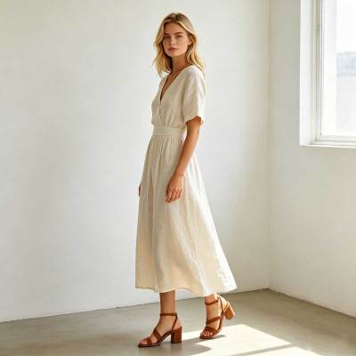 Linen A-Line Maxi Dress | Elegant V-Neck Linen Dress | KOSSR