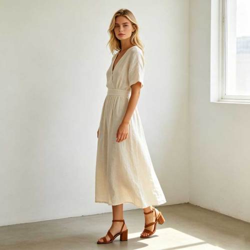 Linen A-Line Maxi Dress | Elegant V-Neck Linen Dress | KOSSR