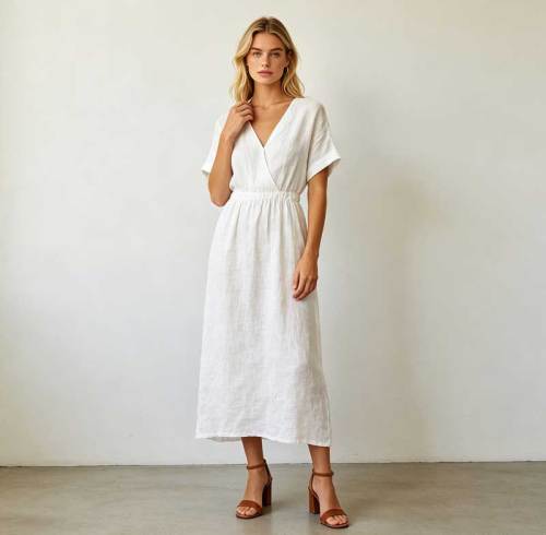 Linen A-Line Maxi Dress | Elegant V-Neck Linen Dress | KOSSR
