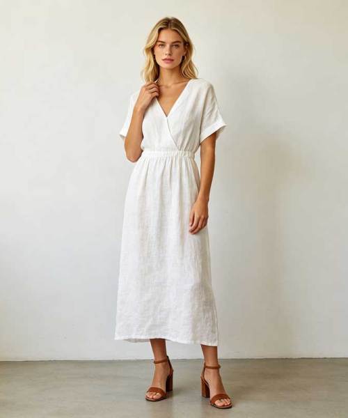 Linen A-Line Maxi Dress | Elegant V-Neck Linen Dress | KOSSR