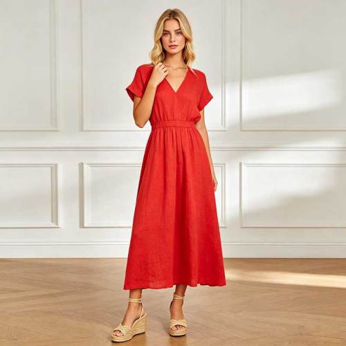 Linen A-Line Maxi Dress | Elegant V-Neck Linen Dress | KOSSR