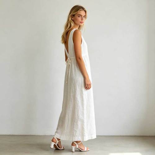 Sleeveless Linen A-Line Maxi Dress | Elegant Linen Summer Dress | KOSSR