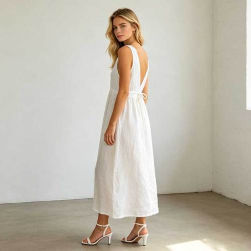 Sleeveless Linen A-Line Maxi Dress | Elegant Linen Summer Dress | KOSSR