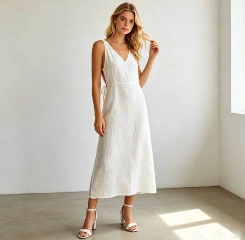 Sleeveless Linen A-Line Maxi Dress | Elegant Linen Summer Dress | KOSSR