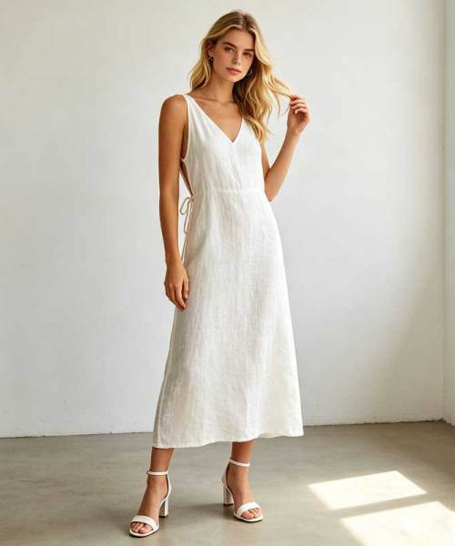 Sleeveless Linen A-Line Maxi Dress | Elegant Linen Summer Dress | KOSSR