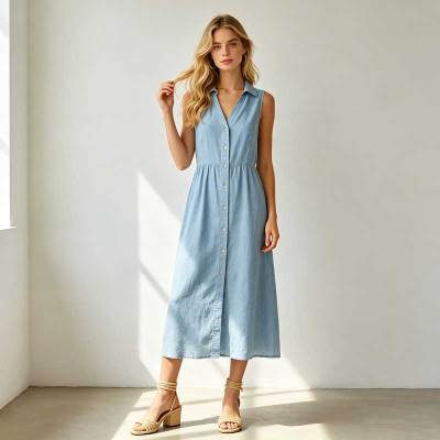 Sleeveless Linen Vacation Dress | Button Front Linen Midi Dress | KOSSR