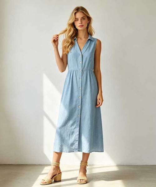Sleeveless Linen Vacation Dress | Button Front Linen Midi Dress | KOSSR