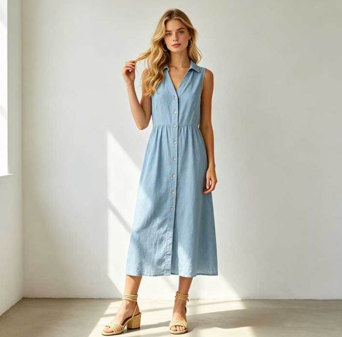 Sleeveless Linen Vacation Dress | Button Front Linen Midi Dress | KOSSR