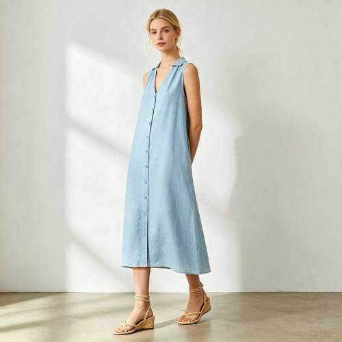 Sleeveless Linen Vacation Dress | Button Front Linen Midi Dress | KOSSR