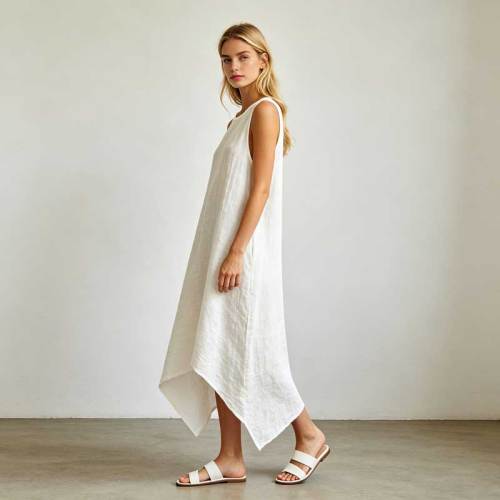 Relaxed Linen Vacation Dress | Sleeveless Asymmetrical Linen Maxi Dress | KOSSR