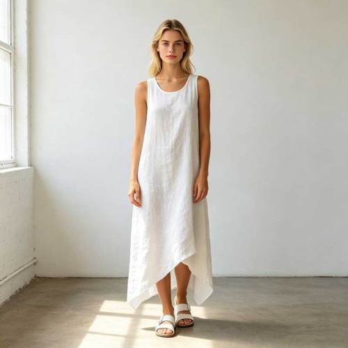 Relaxed Linen Vacation Dress | Sleeveless Asymmetrical Linen Maxi Dress | KOSSR