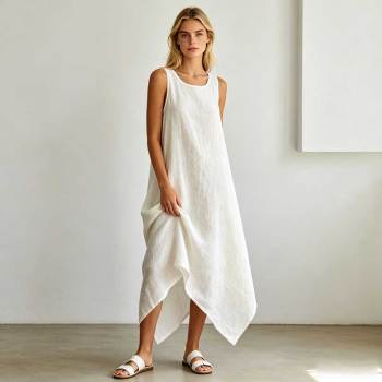 Relaxed Linen Vacation Dress | Sleeveless Asymmetrical Linen Maxi Dress | KOSSR