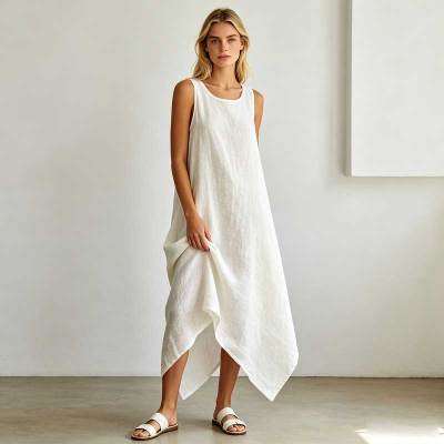Relaxed Linen Vacation Dress | Sleeveless Asymmetrical Linen Maxi Dress | KOSSR