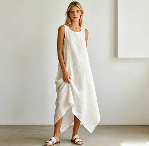 Relaxed Linen Vacation Dress | Sleeveless Asymmetrical Linen Maxi Dress | KOSSR