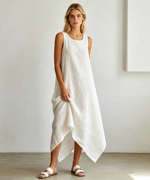 Relaxed Linen Vacation Dress | Sleeveless Asymmetrical Linen Maxi Dress | KOSSR