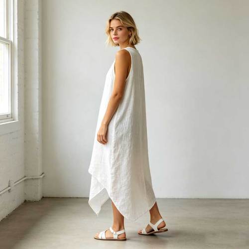 Relaxed Linen Vacation Dress | Sleeveless Asymmetrical Linen Maxi Dress | KOSSR