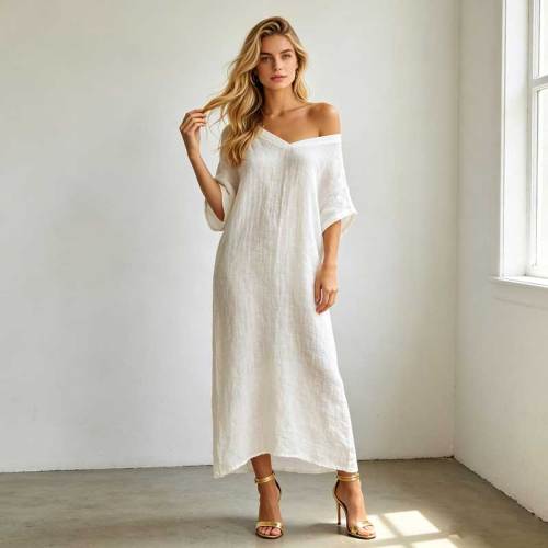 Elegant Linen Occasion Dress | Off Shoulder Linen Maxi Dress | KOSSR