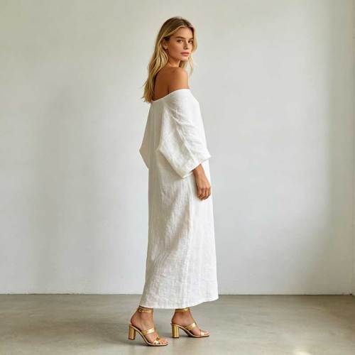 Elegant Linen Occasion Dress | Off Shoulder Linen Maxi Dress | KOSSR