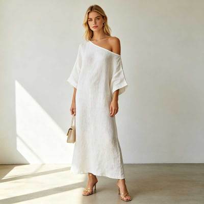 Elegant Linen Occasion Dress | Off Shoulder Linen Maxi Dress | KOSSR