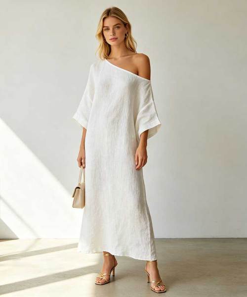 Elegant Linen Occasion Dress | Off Shoulder Linen Maxi Dress | KOSSR
