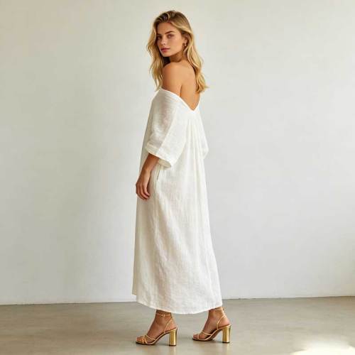 Elegant Linen Occasion Dress | Off Shoulder Linen Maxi Dress | KOSSR