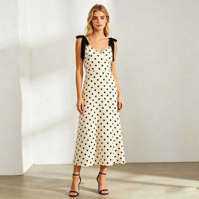 Elegant Polka Dot Linen Occasion Dress | Tie Strap Midi Dress | KOSSR