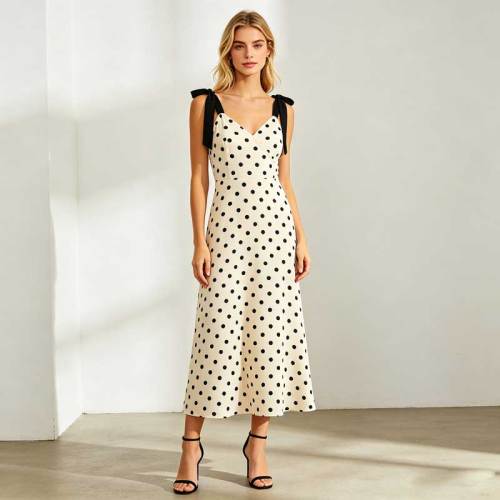 Elegant Polka Dot Linen Occasion Dress | Tie Strap Midi Dress | KOSSR
