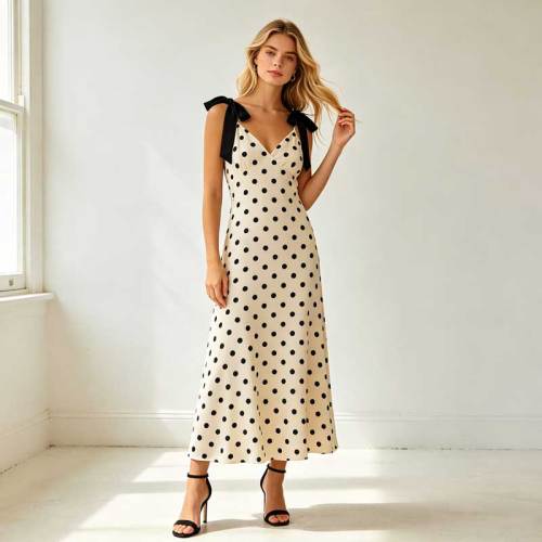Elegant Polka Dot Linen Occasion Dress | Tie Strap Midi Dress | KOSSR