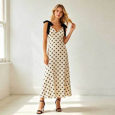 Elegant Polka Dot Linen Occasion Dress | Tie Strap Midi Dress | KOSSR
