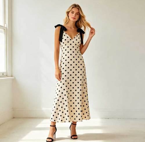Elegant Polka Dot Linen Occasion Dress | Tie Strap Midi Dress | KOSSR