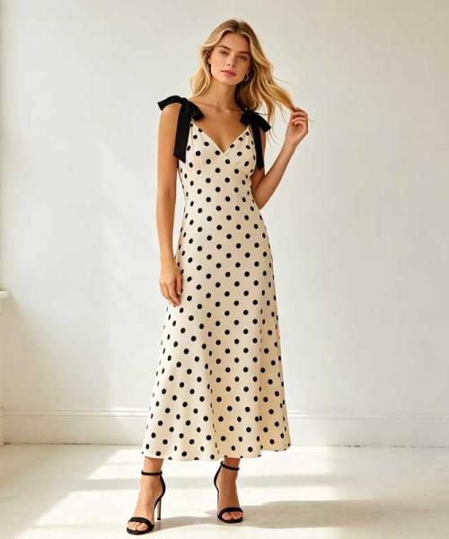 Elegant Polka Dot Linen Occasion Dress | Tie Strap Midi Dress | KOSSR