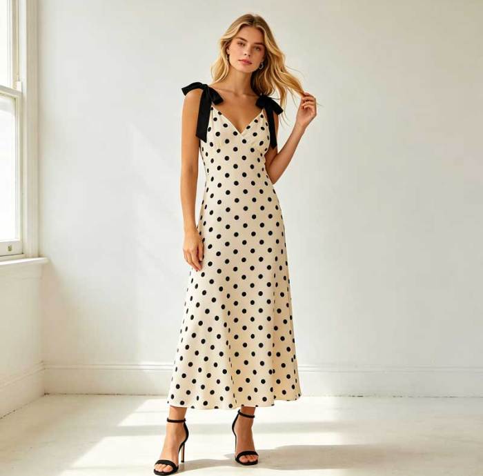 Elegant Polka Dot Linen Occasion Dress | Tie Strap Midi Dress | KOSSR