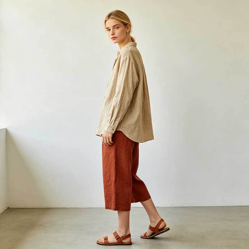 Relaxed Linen Button-Up Shirt for Women