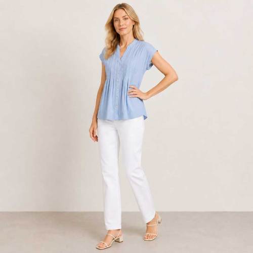 Light Blue Pintuck Linen-Blend Cap Sleeve Top