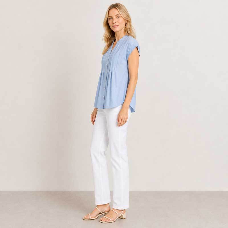 Light Blue Pintuck Linen-Blend Cap Sleeve Top