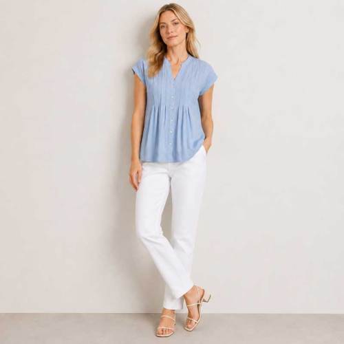 Light Blue Pintuck Linen-Blend Cap Sleeve Top