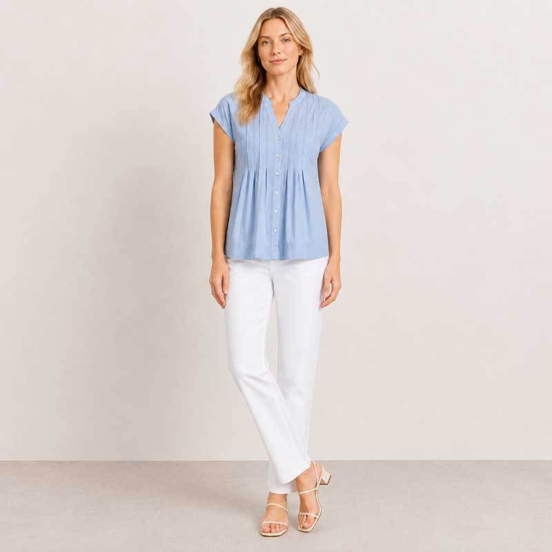 Light Blue Pintuck Linen-Blend Cap Sleeve Top