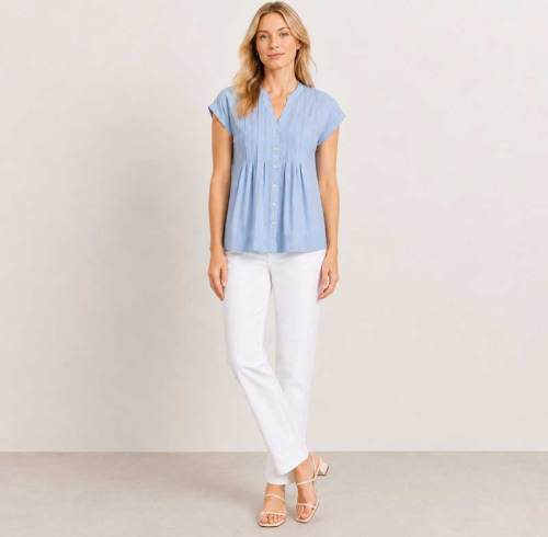 Light Blue Pintuck Linen-Blend Cap Sleeve Top