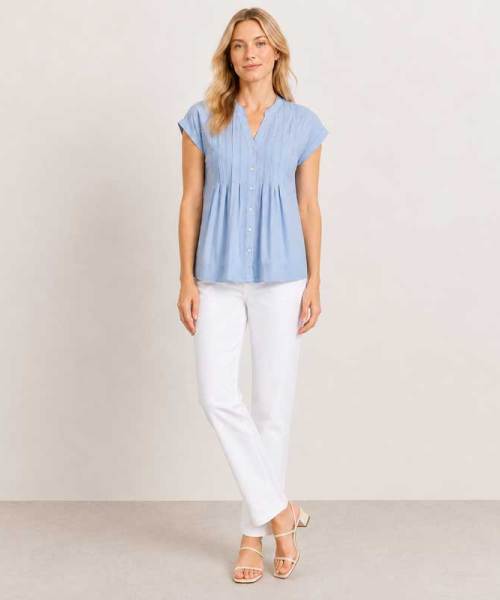 Light Blue Pintuck Linen-Blend Cap Sleeve Top