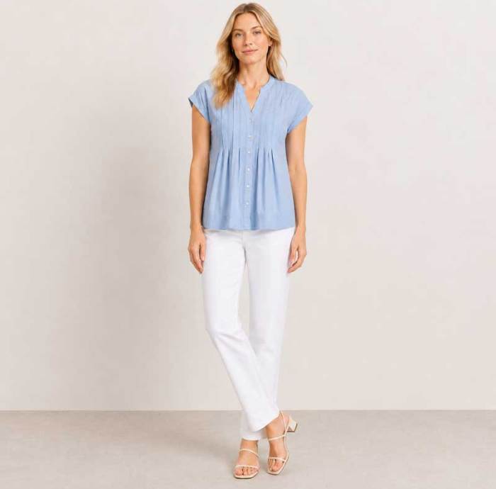 Light Blue Pintuck Linen-Blend Cap Sleeve Top