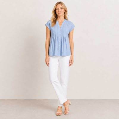 Light Blue Pintuck Linen-Blend Cap Sleeve Top