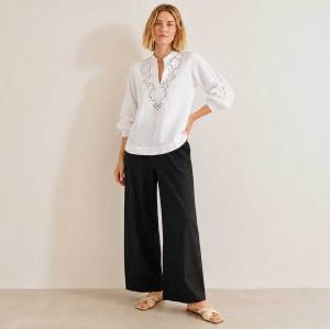 White Embroidered Linen Tunic Top