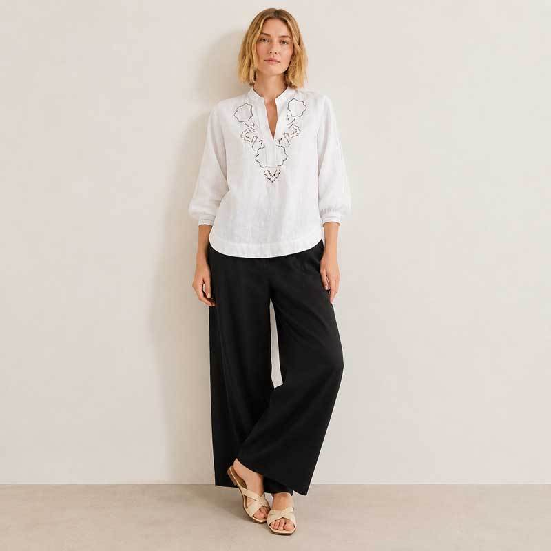 White Embroidered Linen Tunic Top