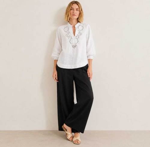 White Embroidered Linen Tunic Top