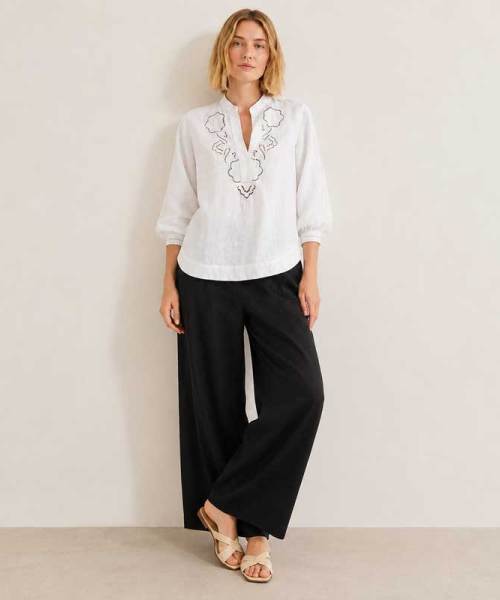 White Embroidered Linen Tunic Top