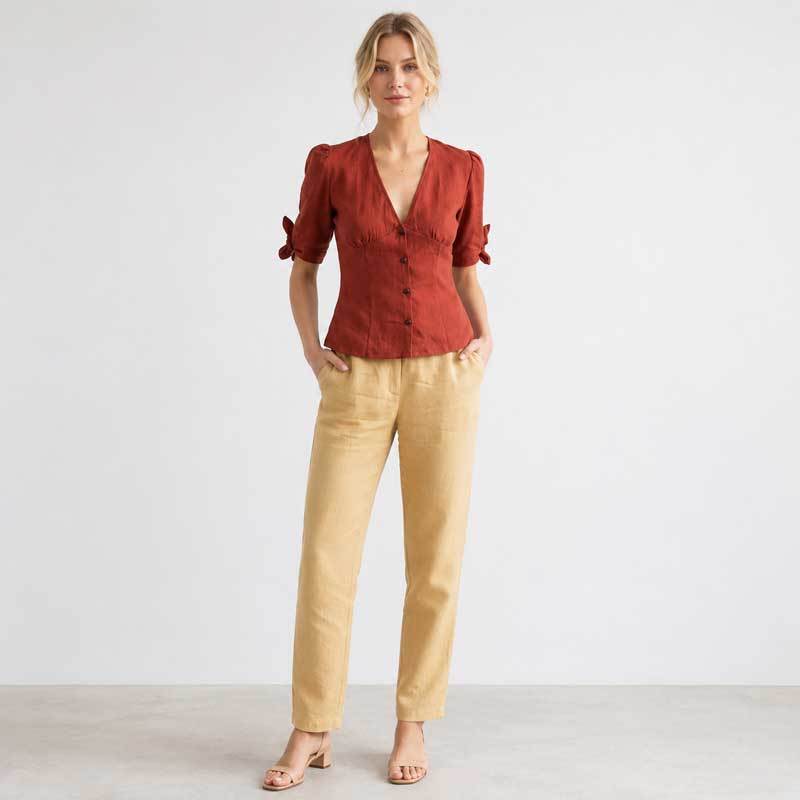 Rust Red Linen Puff Sleeve Button Top