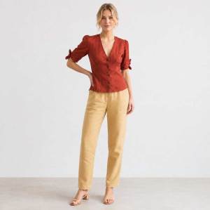Rust Red Linen Puff Sleeve Button Top