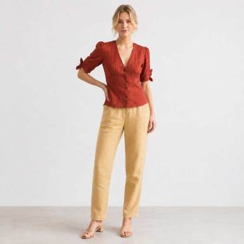 Rust Red Linen Puff Sleeve Button Top