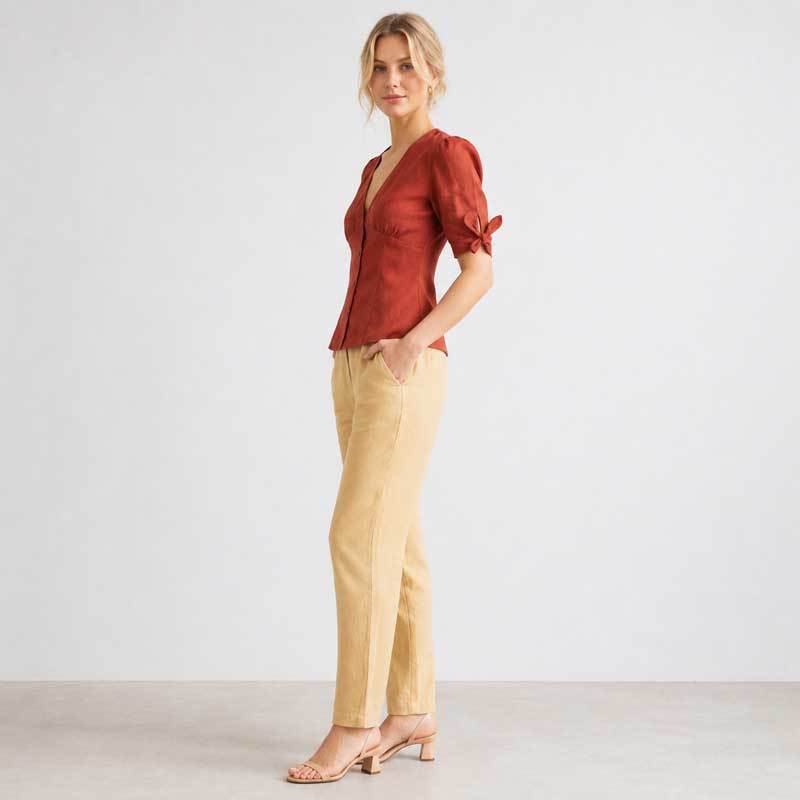 Rust Red Linen Puff Sleeve Button Top
